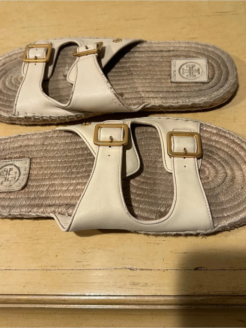 Tory Burch cream leather double buckle slide espadrilles in size 11